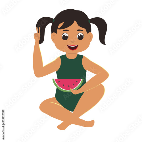 Illustration Of Young Girl Eating Watermelon In Sitting Pose.