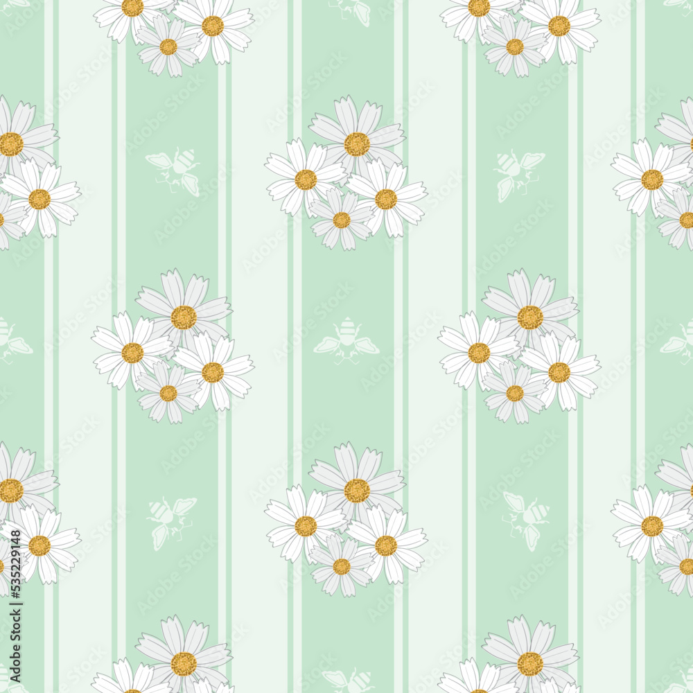 Chamomile and bees seamless vector pattern background. Flora and fauna repeat with bunches of herbal flower heads and insects on green striped backdrop. Line art botanical garden flowers for summer