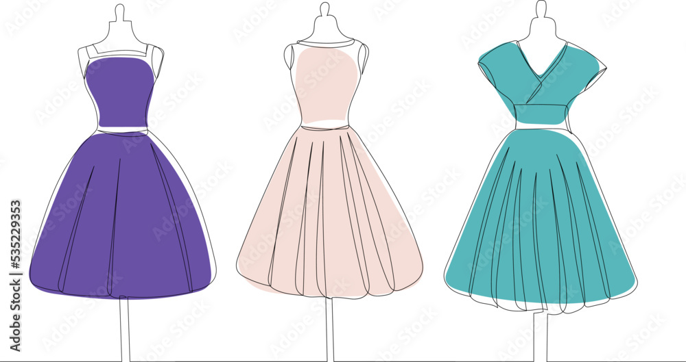 dress on mannequins drawing by one continuous line, isolated vector dress on mannequins drawing by one continuous line, isolated vector