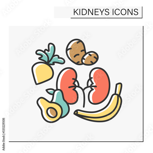 Diet color icon. Detox diet for internal organs cleaning up. Kidney treatment by vegetables and fruits. Healthcare concept.Isolated vector illustration