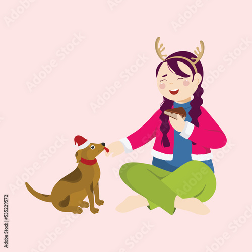 Cheerful Young Girl Eating Cake Slice Or Pastry And Dog Animal On Pink Background.