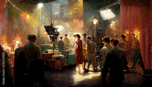 AI generated image of a movie shoot in progress in a large studio photo