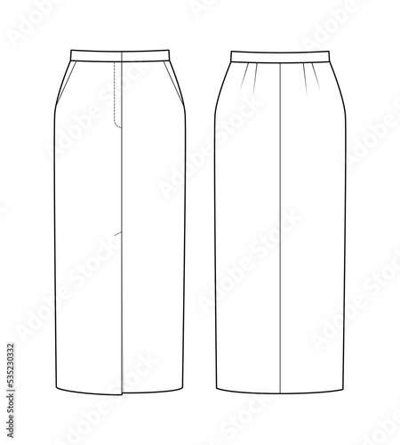 Fashion technical drawing of front slit front slit midi skirt