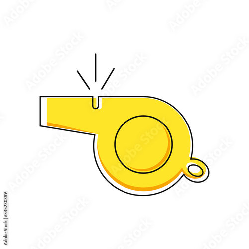 Yellow whistle icon. Whistling attention tool for game referee and police with harsh warning vector sound