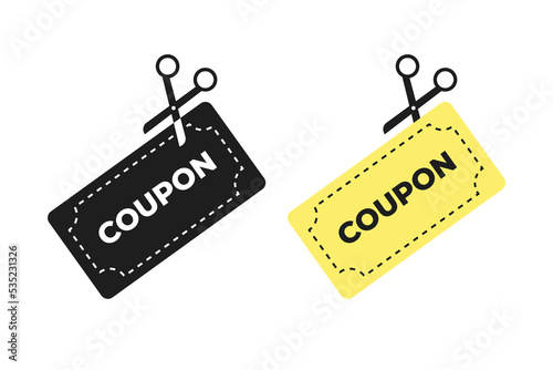 Scissors cut discounty coupon icon. Black marketing tool cuts down yellow line promotional label with sale percentages bargains vector stock
