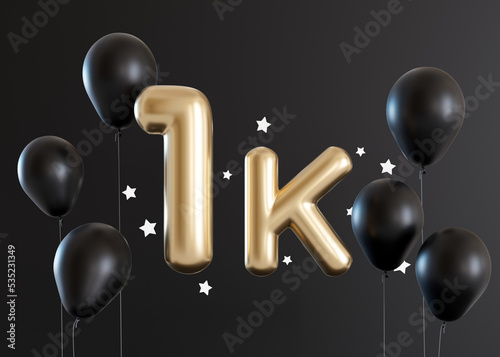 1000 followers card with balloons and stars on black background. Banner for social network, blog. 1k followers or likes celebration. Social media achievement poster. One thousand subscriber. 3d render photo