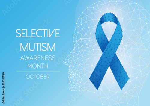 Selective Mutism awareness month October web banner with blue ribbon and human head silhouette 