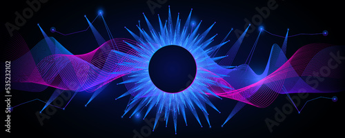 Futuristic dark sun on techno mesh waves background. Purple digital stream with neon beams and dynamic vector streaks
