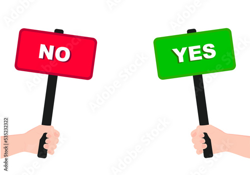 Human hand holding plate. Red and green banner with the words yes and no. Response to a survey, expression of opinion. Choice by voting. Vector illustration