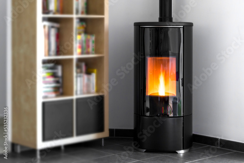 Modern domestic pellet stove, granules stove with flames and library