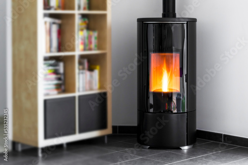 Fotografija Modern domestic pellet stove, granules stove with flames and library