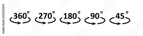 Angle icon set 360, 90.45 degrees. Rotate 270,180 degrees. Sign of a rounded arrow. Mathematical, geometric symbols. Full rotation of the pointer.
Vector illustration.