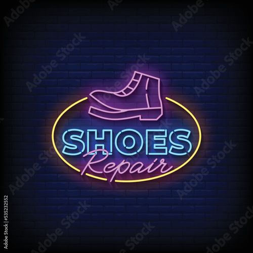 Neon Sign shoes repair with Brick Wall Background vector
