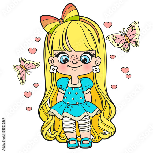 Cute cartoon long haired girl in lush dress color variation for coloring page on a white background