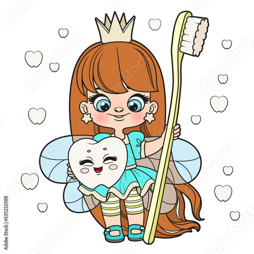 Cute cartoon long haired girl tooth fairy with big tooth and a toothbrush color variation for coloring page on white background