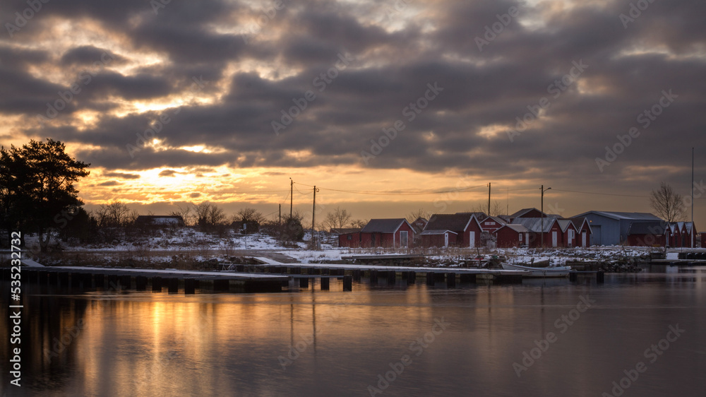 Garpahamnen marina on Hasslö island in Karlskrona minicipality, Sweden, at sunrise