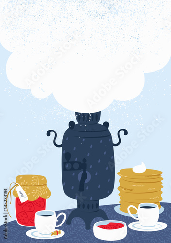 A postcard with a samovar creates an atmosphere of home warmth and comfort. On Maslenitsa, it is customary to treat everyone to taste pancakes with tea from a samovar. Flat vector illustration.