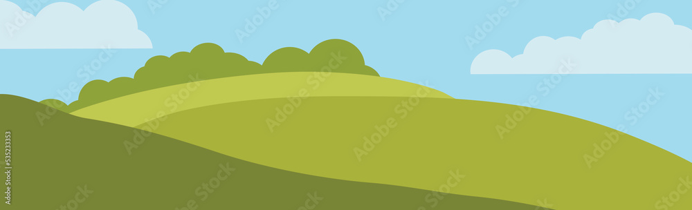 Obraz premium Lush light green lawn, field, hills, green deciduous bushes. Countryside, spring or summer time of year. Blue clear sky. Cartoon design for banners, sites. Flat vector image of beauty landscape