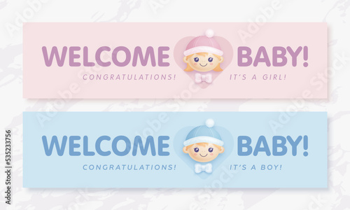 Set of baby shower invitation with cartoon baby boy and baby girl on pink and blue background. It's a boy. It's a girl. Vector illustration