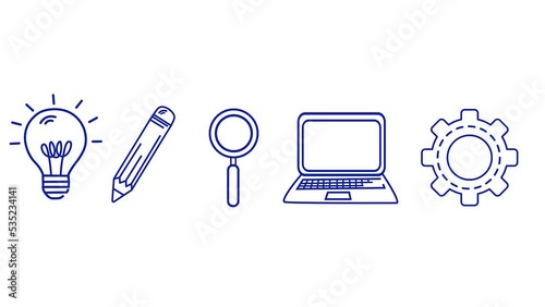 Animation set with light bulb, pencil, magnifying glass, computer and Screw animation. Motion graphics.