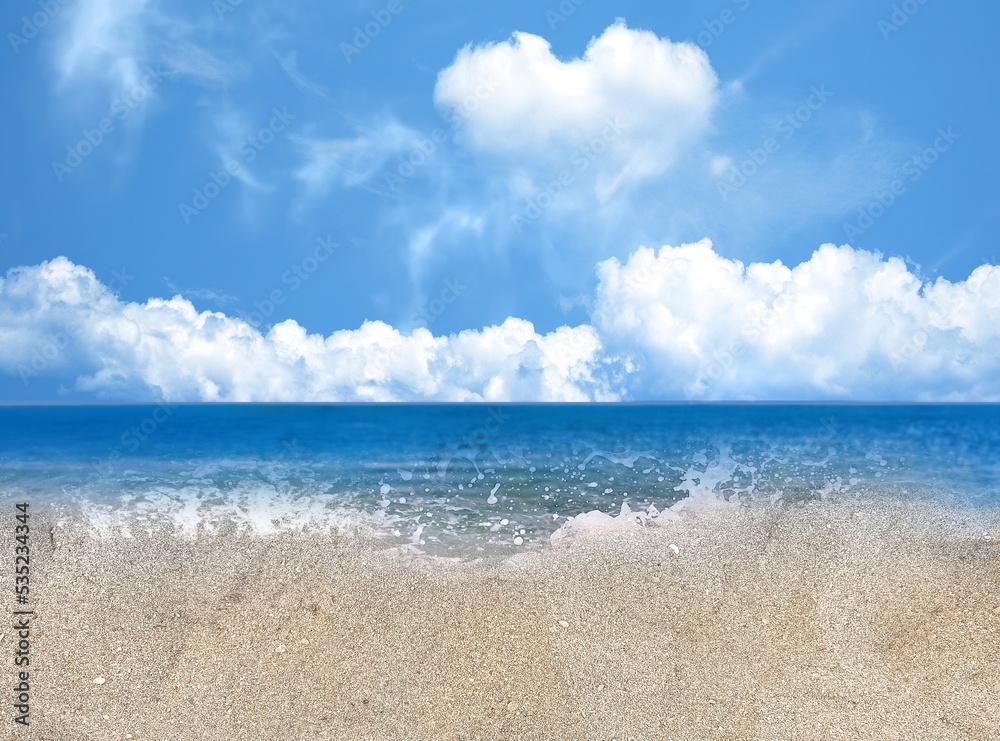 blue sky white clouds heart shape summer sea water and sand on beach seascape nature landscape remplate art blue sky white clouds heart shape summer sea water and sand on beach seascape nature landscape remplate art