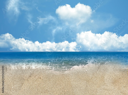  blue sky white clouds heart shape summer sea water and sand on beach seascape nature landscape remplate art 