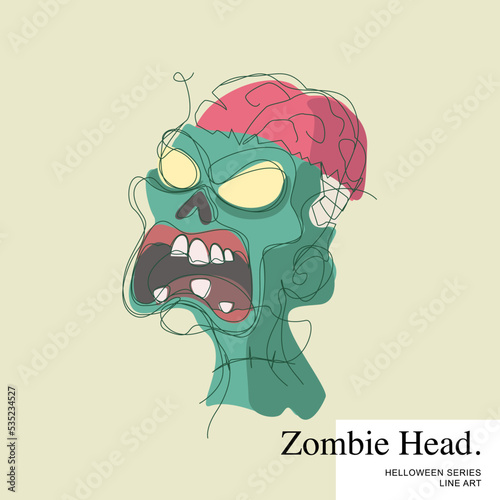 Halloween Cartoon Line Art Character Vector Template, Zombie hat with his brain revealed. photo