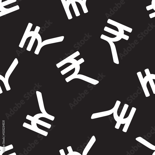 Indian rupee symbol vector pattern seamless background. Black white monochrome backdrop with tossed currency icons. Finance repeat. Graphic resource. All over print for money,business, economy