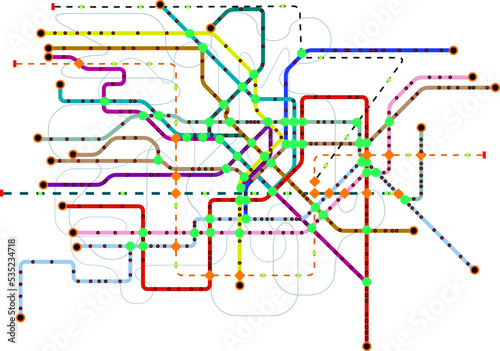 public transportation plan, subway, busses, tram, map of a large city,fictional vector art, public transport mock up free copy space,