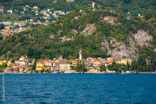 Beautiful panorama of lake Como with a small coastal town  famous tourism destination