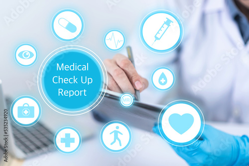 Infographic about annual health check, Consultant or Health care professional and Medical check up report, Health insurance business and welfare in medical treatment, Hospitals and medical personnel.