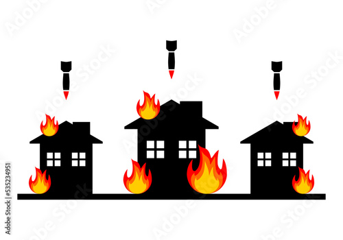 Black missile rocket warhead frying air strikes attack destroyed building city fire home in war on blue white icon flat vector design.