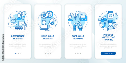 Corporate training for workforce blue onboarding mobile app screen. Walkthrough 4 steps editable graphic instructions with linear concepts. UI, UX, GUI template. Myriad Pro-Bold, Regular fonts used