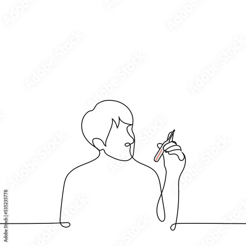 man looks at a mercury thermometer he is looking at - one line drawing vector. concept to check the temperature in yourself or your child, vintage thermometer