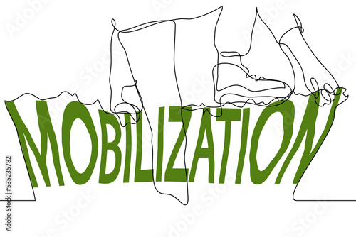 male feet step on the fence from the word "MOBILIZATION" - one line drawing vector. concept escape from mobilization