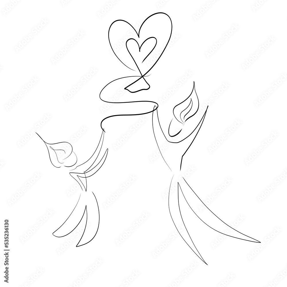 Naklejka premium mother and child playing with heart shaped balloon, black outline