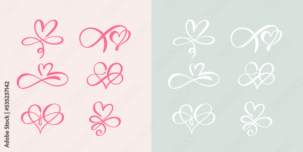 Love hand drawn hearts sign of infinity with cute sketch line. Set of Divider doodle element love shape for valentines day, wedding, mother's day or woman's day. Vector isolated on colored background.