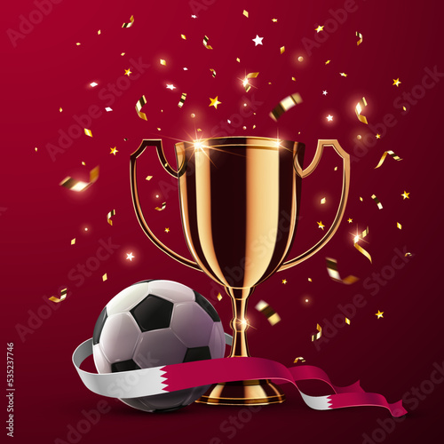 Realistic champion cup and soccer ball with ribbon and confetti. Vector