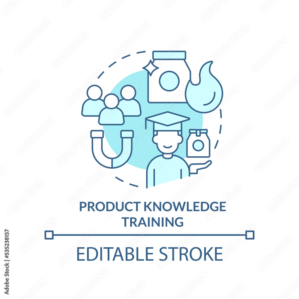 Product knowledge training turquoise concept icon. Corporate training type abstract idea thin line illustration. Isolated outline drawing. Editable stroke. Arial, Myriad Pro-Bold fonts used