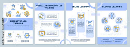 Types of training blue brochure template. Virtual instructor. Leaflet design with linear icons. Editable 4 vector layouts for presentation, annual reports. Arial-Black, Myriad Pro-Regular fonts used