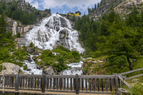 View of Toce Waterfall in Formazza Valley, province of Verbano-Cusio-Ossola, Italy. With a jump of 143 meters it is the second highest waterfall in Europe