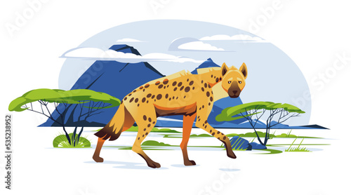 A lone hyena walking across the savannah landscape. Wild African animals. Vector flat illustration