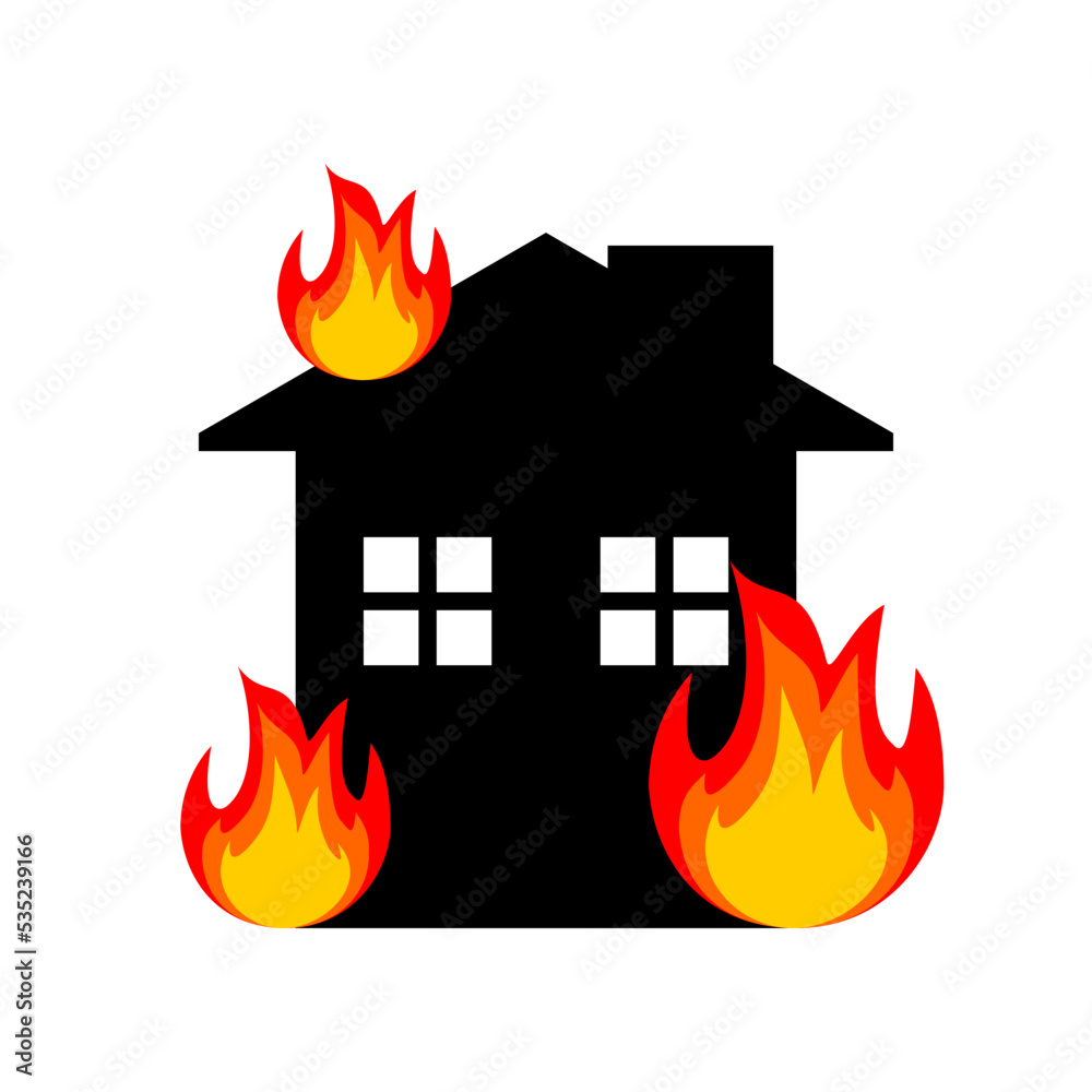 Black house fire flame burning icon on white background flat vector ...