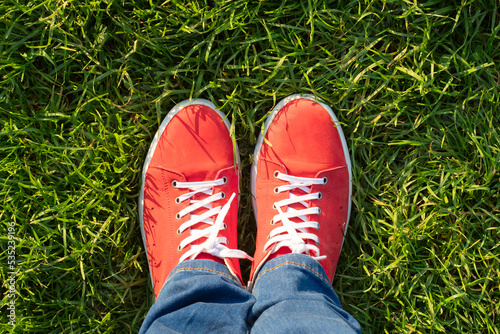 Top view of red sneakers on green grass. copy space