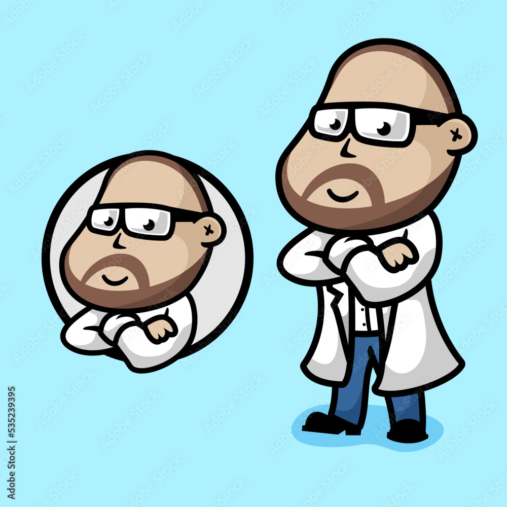 Doctor with glasses cartoon mascot logo, flat design style