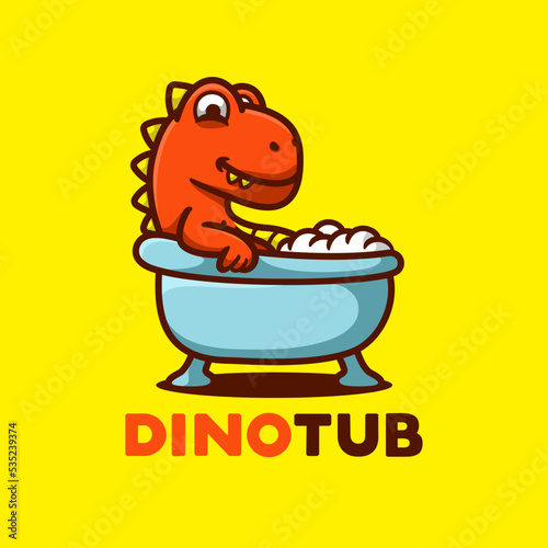 Dinosaur take a bath cartoon mascot logo, flat design style