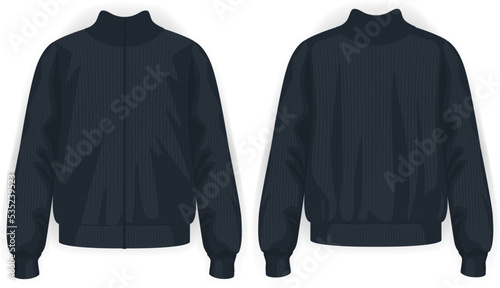Knit cardigan black front and back view, vector mockup illustration