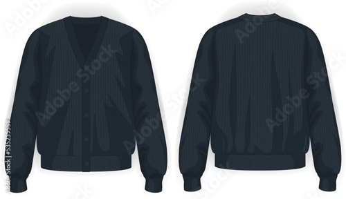 Knit cardigan black v neck with button front and back view, vector mockup illustration