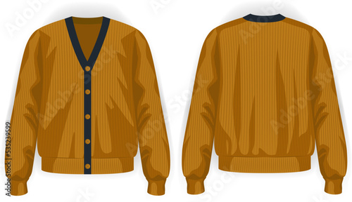 Knit cardigan orange black v neck with button front and back view, vector mockup illustration