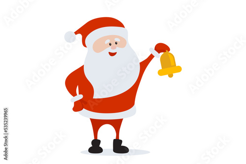 Funny happy Christmas Santa Claus character with bell. For card, banner, tag and label.